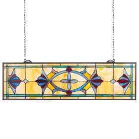 Stained Glass Window Panel, 32 x 10 in, Tiffany Style Hanging Transom Window Panel with Chain, Large Horizontal Rectangle Stain Glass
