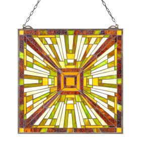 Stained Glass Window Panel, 20 x 21 in, Tiffany Style Hanging Transom Window Panel with Chain, Large Vertical Rectangle Stain Glass