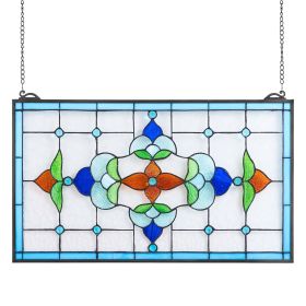 Stained Glass Window Panel, 26 x 16 in, Tiffany Style Hanging Transom Window Panel with Chain, Large Horizontal Rectangle Stain Glass