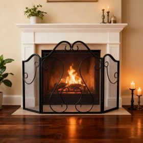 3 Panel Fireplace Screen Foldable Spark Guard Cover with Decorative Scroll
