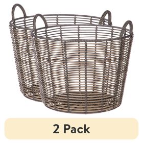 (2 pack) Extra Large Round Poly Rattan Decorative Storage Basket with Handles, 18.7 in x 16 in