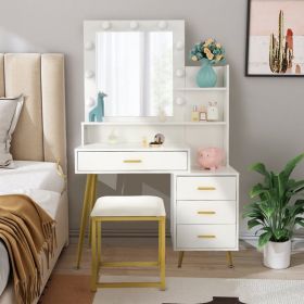 Large Vanity Set with 9 LED Bulbs, Makeup Table with Cushioned Stool, 3 Storage Shelves 4 Drawers, Dressing Table Dresser Desk for Women, Girls