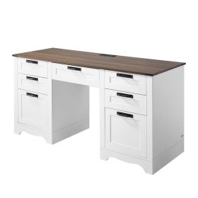 Executive Desk, Farmhouse Office Table with Charging Station, Heavy Duty Particle Board Executive Table with Storage Drawers, 200 LBS Load Capaci