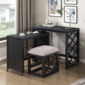 Desks and Stool Set 3pc Black Finish Rolling Desk with Casters, 2 Charging ports Home Office Furniture