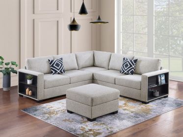 Contemporary Functional Sectional Sofa 4pc Set Beige Boucle Couch Loveseat w Built-in Shelfs Wedge