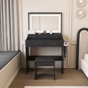 New Large Mirror Vanity Desk for Bed room , Modern Makeup Vanity Set with Power Outlet and Hair dryer holder, 5 Drawers