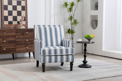 Upholstered Accent Chair, Vintage Armchair with Blue and White Striped Linen Fabric and Nailhead Trim for Living Room