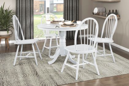White Finish 5pc Round Dining Table Set with 4 Windsor Chairs Farmhouse Style Wooden Furniture Casual Dining Kitchen Breakfast Nook