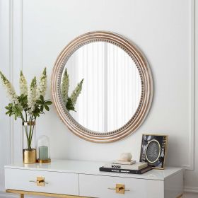 Rustic Round Wall Mirror, 23.62 Inches Wood Circle Mirror with Beads, Decorative Farmhouse Mirror for Living Room, Bedroom, Kitchen, Entryway (Wh
