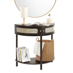 Half-moon Rattan Console Table with 2 Drawers, Rattan Entryway Table with Natural Rattan Sliding Door, Console Table with Storage for Living Room