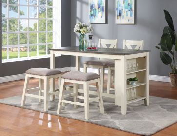 Modern Contemporary 5pc Counter Height High Dining Table w Storage Shelves High Chairs And Stools Wooden Kitchen Breakfast Table Dining Room Furn