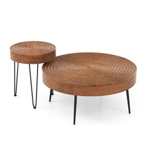 Set of 2 Solid Wood Ring Pattern Farmhouse Round Coffee Tables