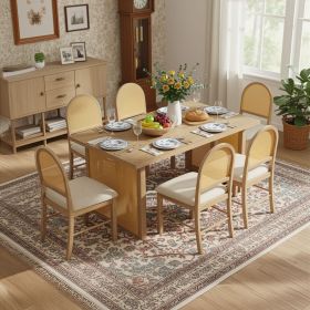 TREXM 7-Piece Farmhouse Dining Table Set for 6 - 59.8" Rectangular Dining Table with Distressed Oak Veneer and 6 Rattan Chairs (Color: as Pic)