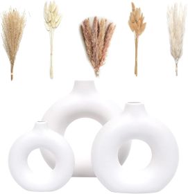 Set of 3 White Ceramic Vase with 65 PCS Dried Pampas Grass Flowers Aesthetic Boho Modern Small Round Cute Vases for Decor Living Room Coffee Tabl (Color: White)