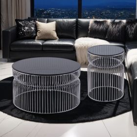 CT901 & ET901 Set Modern Contemporary Metal Nested base and Tinted tempered glass top material 30" Round Coffee Table, 21"Height End Table (Color: as Pic)