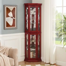 Corner Curio Cabinet Lighted Corner Display, Glass Display Shelf Shelving Bar cabinet with Tempered Glass Door, Bar Cabinet (Color: Cherry, Material: MDF+glass)