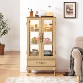 Curio Cabinet Lighted Glass Cabinet Glass Wine Cabinet Curio Display Cabinet with Adjustable Glass Shelves 2 Doors and 1 drawer Cabinet Sideboard (Color: Light Oak, Material: MDF+glass)