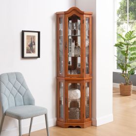 Curio Cabinet Lighted Glass Display Curio Cabinet w/Tempered Glass Doors and Shelves, Crown Corner Cabinet with Bulb (Color: Oak, Material: MDF)