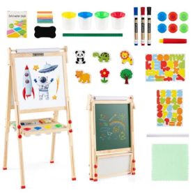 Natural Pine Wood 3-in-1 Kids Art Easel With Magnetic Whiteboard & Chalkboard, Adjustable Height Foldable Drawing Board For Ages 3-14 (Option: Defaulttitle)
