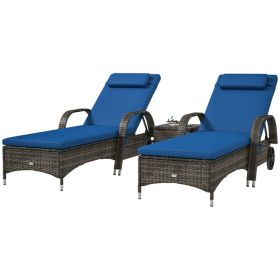 Patio Wicker Chaise Lounge Chair Set Of 2 With Table, Adjustable Backrest, Wheels, Cushion & Headrest, Blue (Option: BLUE)